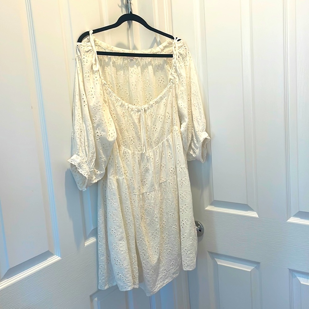 Olivaceous white eyelet peasant dress